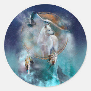 Sticker Rond Rêveur indien et loup à tête ethnique