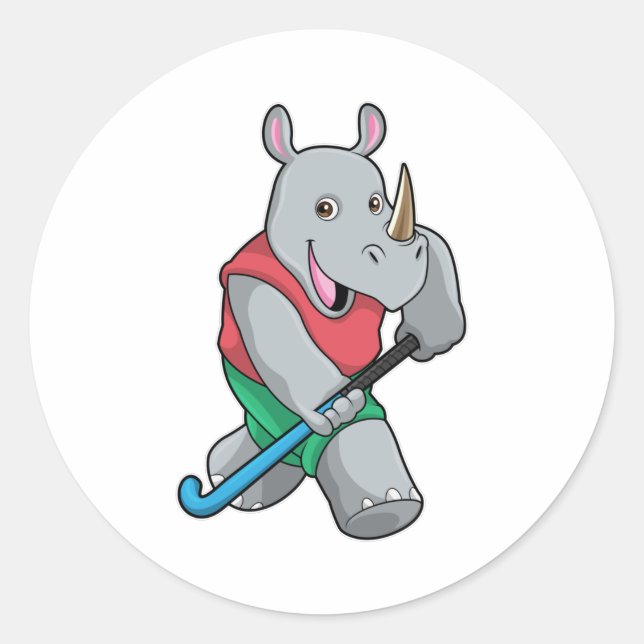 Sticker Rond Rhino à Hockey avec chauve-souris de hockey (Devant)