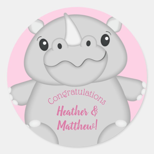 Sticker Rond Rhino Baby shower rose (Devant)