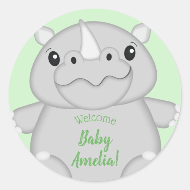 Sticker Rond Rhino Baby shower vert (Devant)
