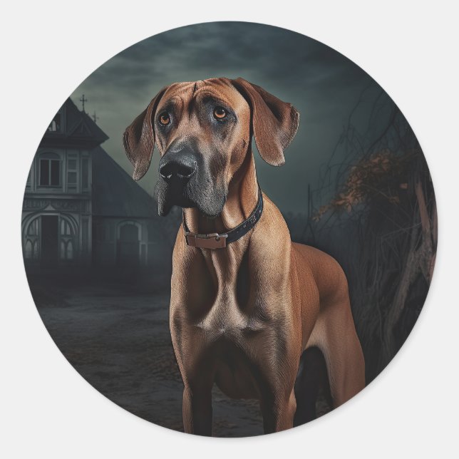 Sticker Rond Rhodesian Ridgeback Halloween effrayant (Devant)