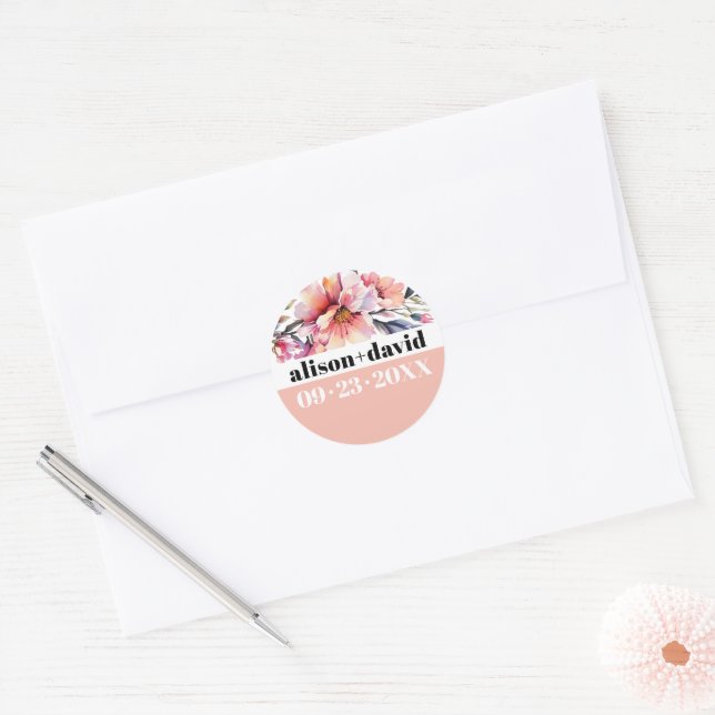 Sticker Rond Rhododendron, bold typography peach-pink wedding (Enveloppe)