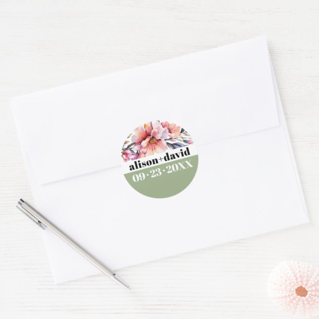 Sticker Rond Rhododendron branch and bold typography wedding (Enveloppe)