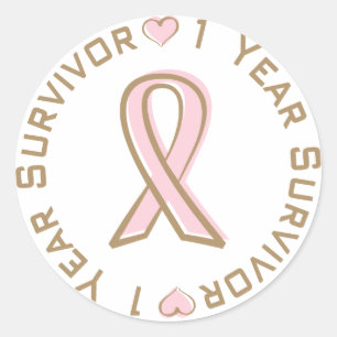 Sticker Rond Ribbon rose Cancer du sein Survivant 1 an