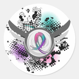 Sticker Rond Ribbon turquoise Violet Rose Et Ailes Thyroïde Can