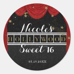 Sticker Rond Rideaux HOLLYWOOD rouges et faveur personnalisée d