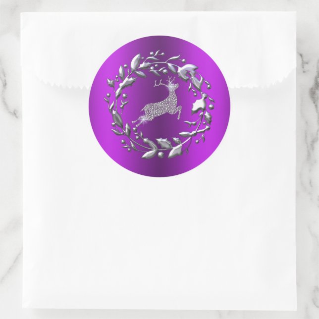 Sticker Rond Rindeer d'argent et couronne de Noël pourpre (Sac)