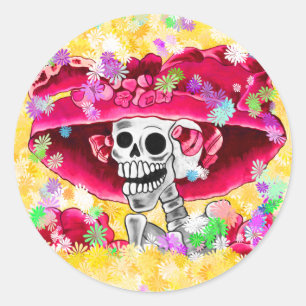 Sticker Rond Rire Skeleton Woman dans Red Bonnet