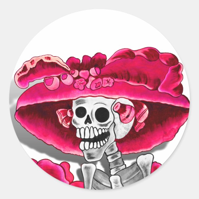 Sticker Rond Rire Skeleton Woman dans Red Bonnet (Devant)