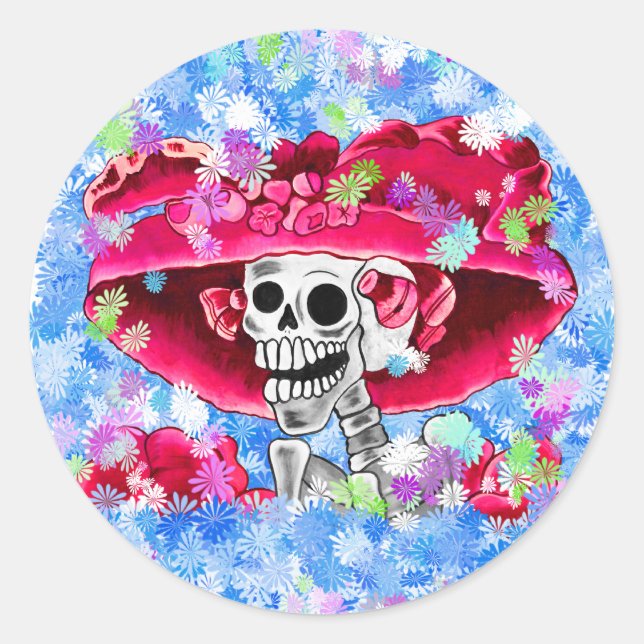 Sticker Rond Rire Skeleton Woman dans Red Bonnet (Devant)