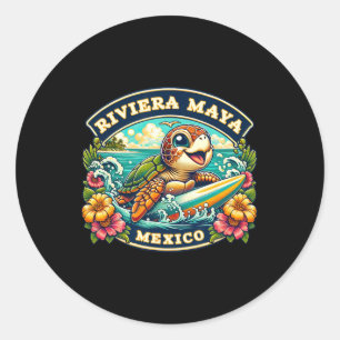 Sticker Rond Riviera Maya Mexique jolie tortue de mer surfant