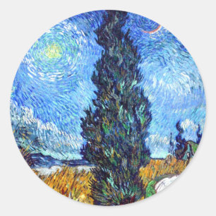 Sticker Rond Road with Cypress and Star (1890) Van Gogh Art