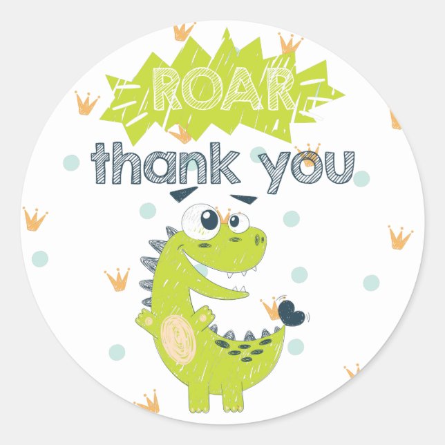 Sticker Rond ROAR Green Dinosaur Merci d'anniversaire (Devant)
