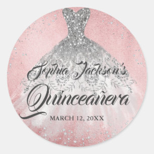 Sticker Rond Robe à paillettes diamant rose Quinceanera