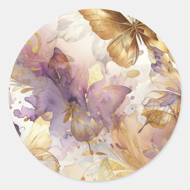 Sticker Rond Robe à papillon violet et or Imaginaire doux 16 (Devant)