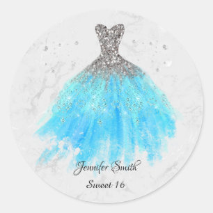 Sticker Rond Robe bleue argent parties scintillant sweet sixtee