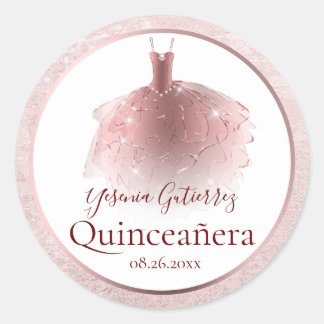 Sticker Rond Robe de Quinceañera Rose Gold Élégante