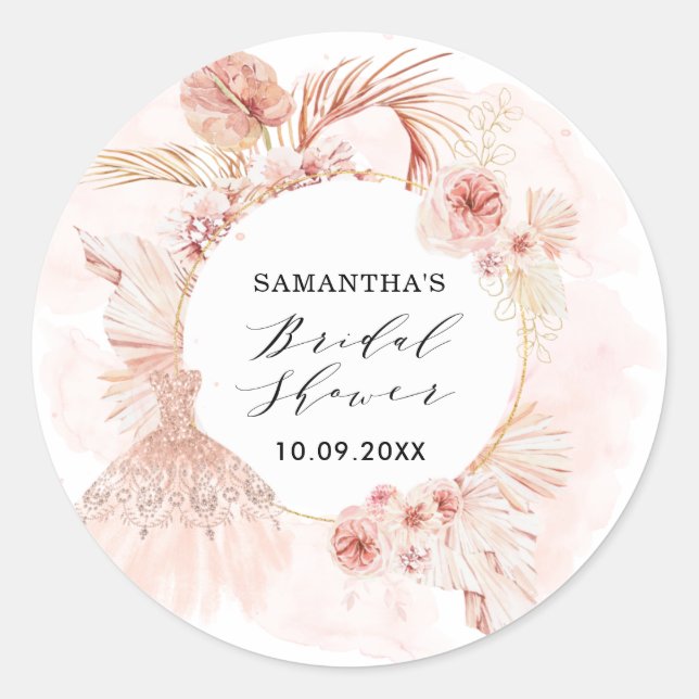 Sticker Rond Robe de soirée pampas rose boho glitter Shower de  (Devant)