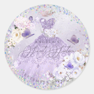 Sticker Rond Robe de soirée violette Sweet Sixteen en holograph