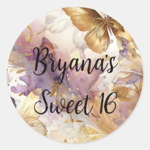Sticker Rond Robe Papillon Violet & Or Fantaisie Douce 16 Ans 