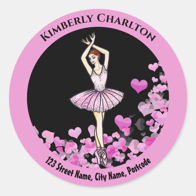 Sticker Rond Robe rose Ballerina avec coeur Arrière - plan noir (Devant)