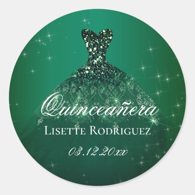 Sticker Rond Robe vert émeraude Quinceanera personnalisée (Devant)