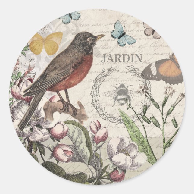 Sticker Rond Robin Elegant Bird Butterfly French Art (Devant)
