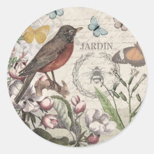 Sticker Rond Robin Elegant Bird Butterfly French Art