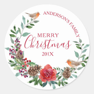 Sticker Rond Robin & Fleurs de Noël & couronne sainte