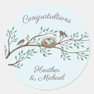 Sticker Rond Robin Oiseaux Nid Oeufs Baby shower de printemps