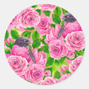 Sticker Rond Robin rose et rose