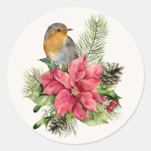 Sticker Rond Robin rouge, Poinsettia, pin, Noël saint