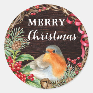 Sticker Rond Robin rustique Joyeux Noël Fêtes
