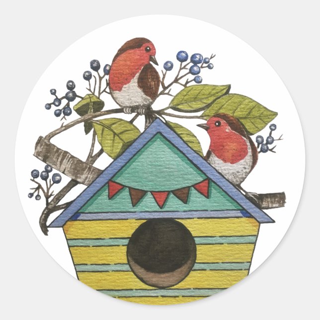 Sticker Rond Robins Aux Bleuets Et À La Maison D'Oiseaux (Devant)