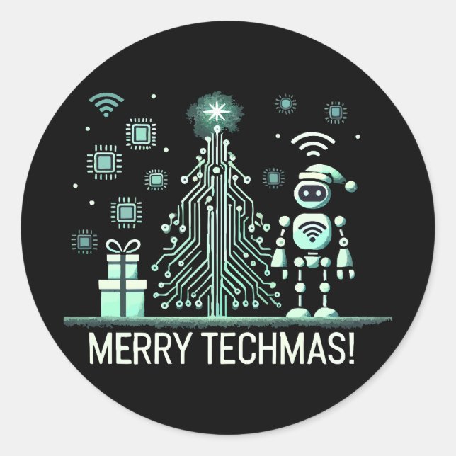 Sticker Rond Robot IA avec arbre de Noël Tech - Joyeux Techmas (Devant)