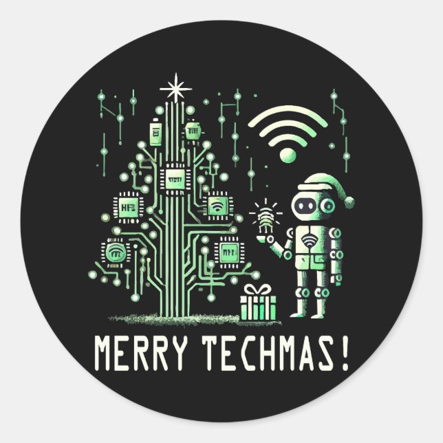 Sticker Rond Robot IA avec arbre de Noël Tech - Joyeux Techmas (Devant)