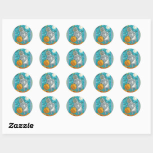 STICKER ROND ROBOT PICER CITROUILLES, HALLOWEEN HOMME MÉCANIQUE