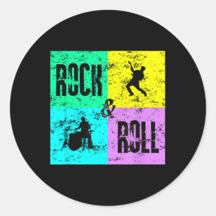 Sticker Rond Rock&amp ; Roll Music Vintage Retro 80s Drums Guit