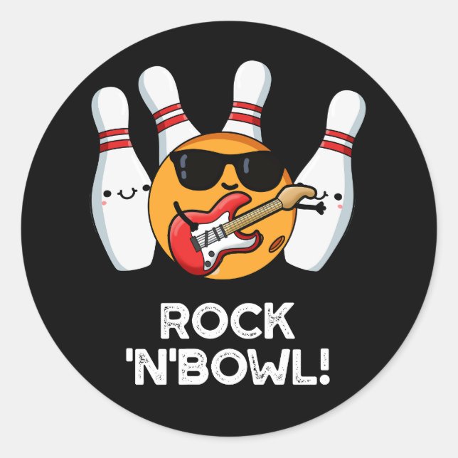 Sticker Rond Rock & Bowl Funny Bowling Pun Dark BG (Devant)