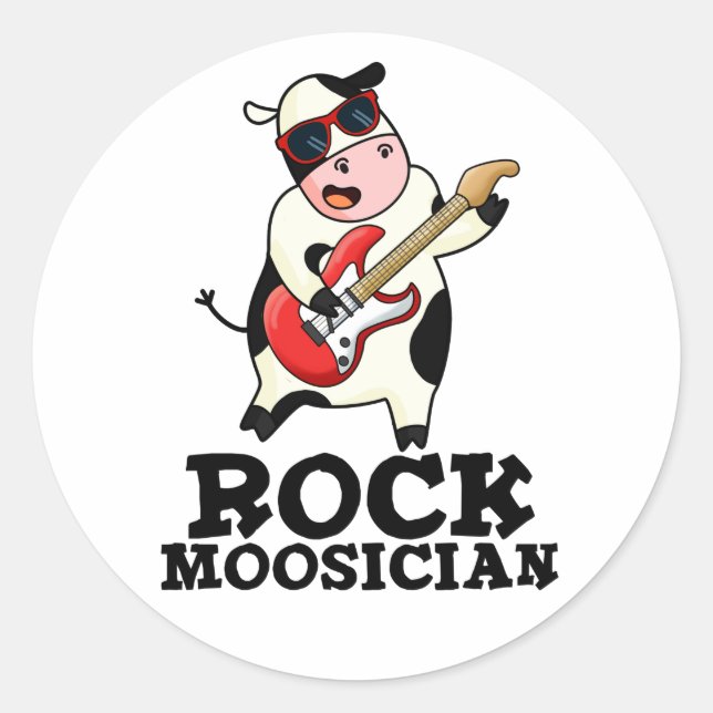 Sticker Rond Rock Moosician Funny Cow Musicien Pun (Devant)