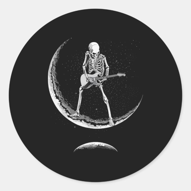Sticker Rond Rock On Skeleton Moon Shirt - Funny Halloween Rock (Devant)