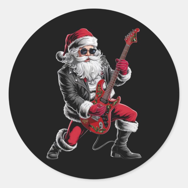 Sticker Rond Rock & Roll Noël Santa Claus Guitare Player (Devant)