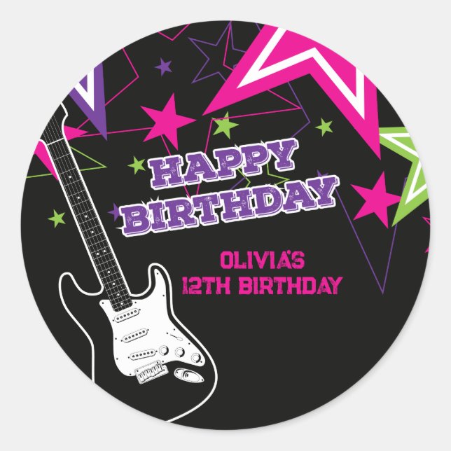 Sticker Rond Rock Star Anniversaire Guitare Stars rose violet (Devant)
