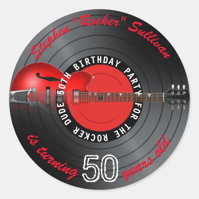 Sticker Rond Rocker Dude Guitar Record 50e fête d'anniversaire (Devant)