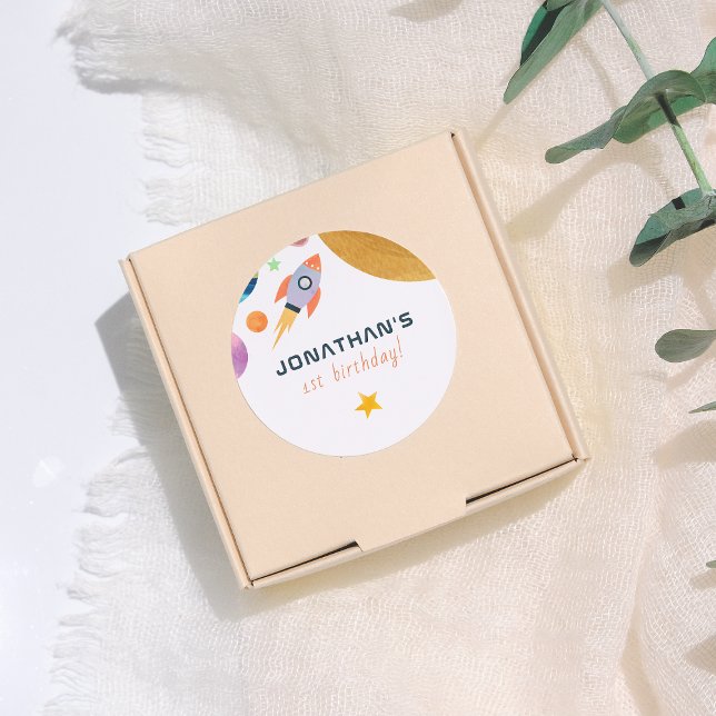 Sticker Rond Rocket Ship Trip Around The Sun Space Boy Birthday (Créateur téléchargé)