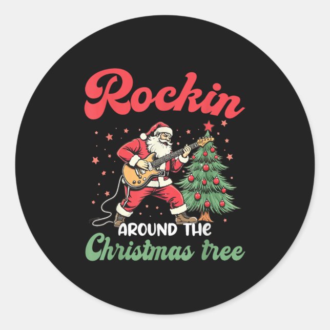 Sticker Rond Rockin autour de Noël Arbre Rock Musique Guitare X (Devant)