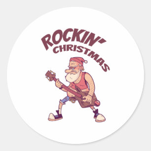 Sticker Rond Rockin Christmas, Père Noël rocking avec Guitar In