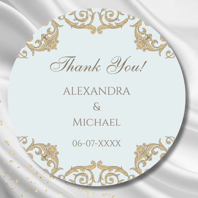 Sticker Rond Rococo, Orné bleu Merci Mariage victorien (Créateur téléchargé)