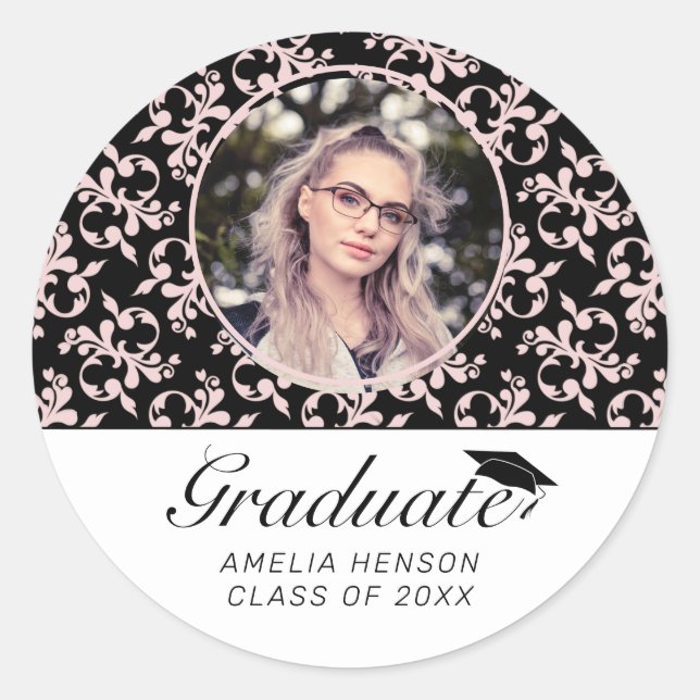 Sticker Rond Rococo Pink Black Graduate Photo Graduate (Devant)