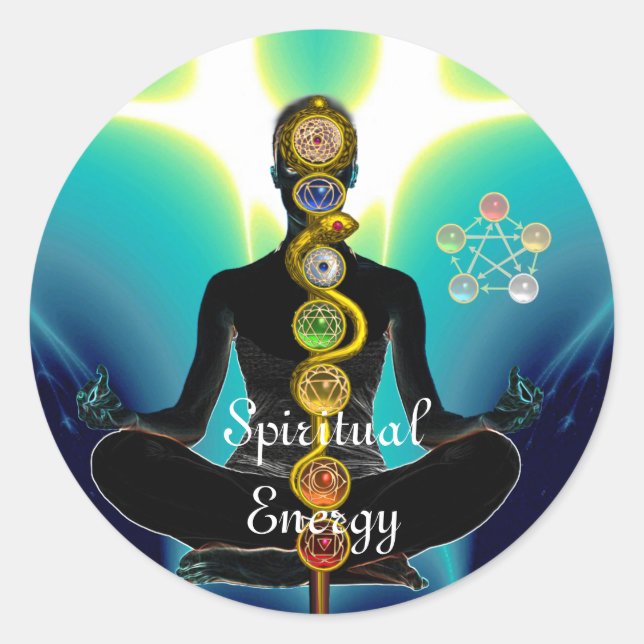 Sticker Rond RODE D'ASCLEPIUS 7 CHAKRAS, YOGA LOTUS POSE Bleu (Devant)